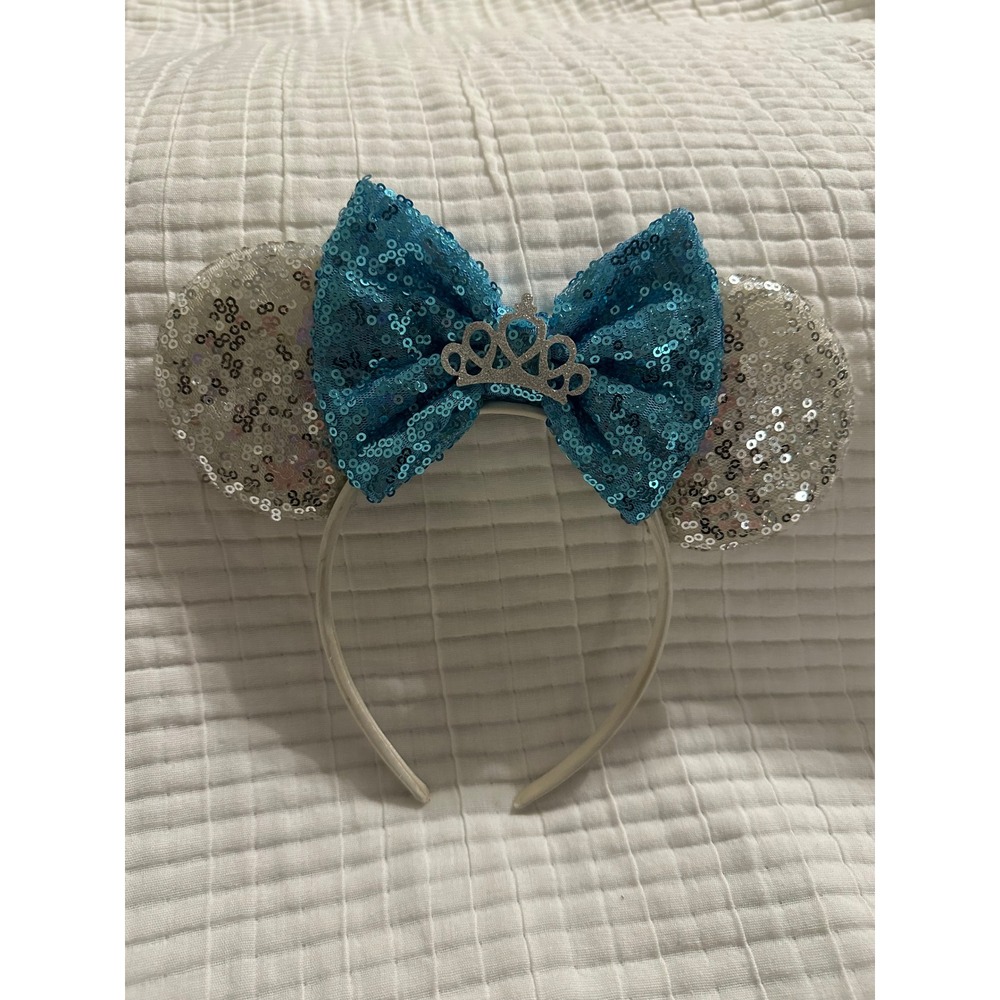 Disney Cinderella Inspired Minnie Mouse Sequin Ears Headband Blue Silver Crown